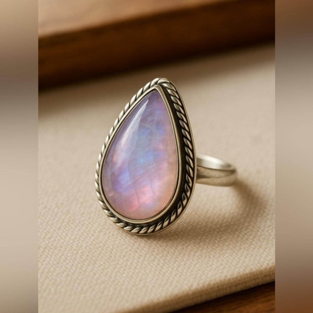 Natural Pink Glow Moonstone Ring | Teardrop Cut Statement Artisan NWOT 11 #407